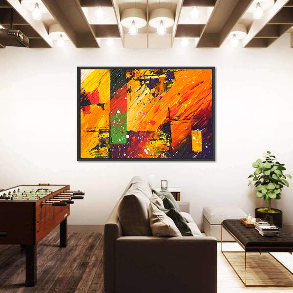 Energetic Orange Abstract with Green Block Canvas Wall Art