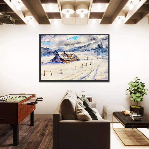 Snowy Cottage in Winter Mountains Canvas Wall Art