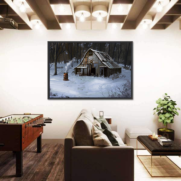 Small Cottage House In The Winter Forest Canvas Wall Art