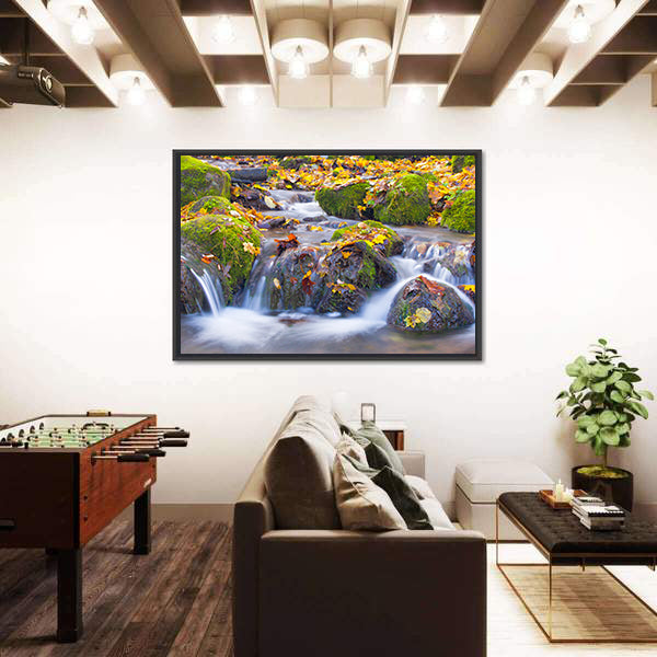 Cascade Waterfall In Autumn Forest Canvas Wall Art