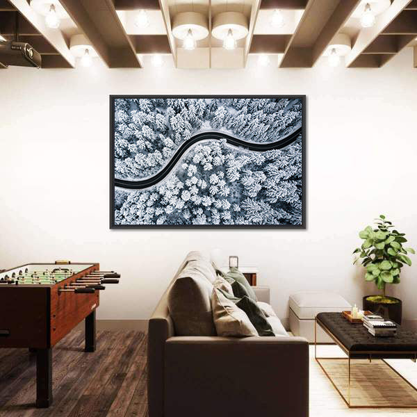 Curvy Windy Road In Snow Covered Forest Canvas Wall Art