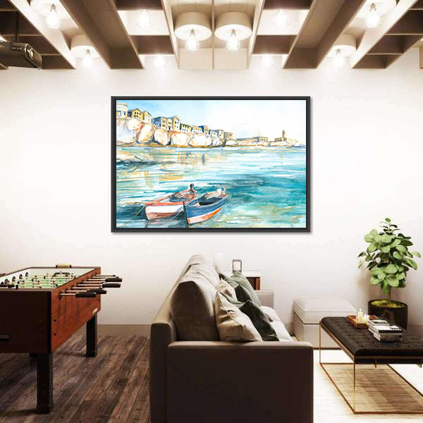 Two Rowboats in Sunny Coastal Watercolor Canvas Wall Art