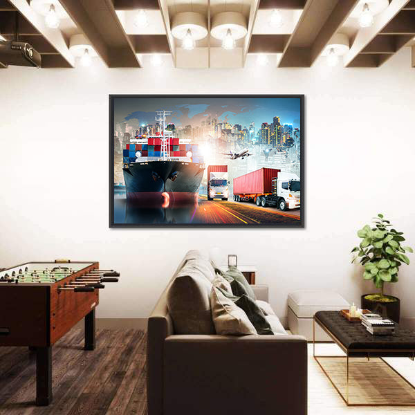 Global Logistics Collage with Cargo Ship and Containers Canvas Wall Art