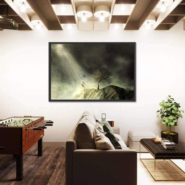 Person with Umbrella on Rainy Cliff Canvas Wall Art