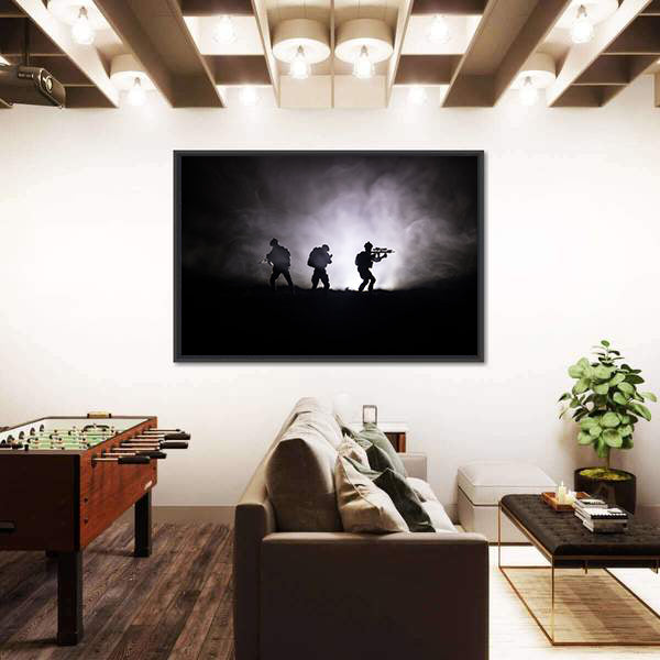 Military Soldier Silhouette With Gun Canvas Wall Art