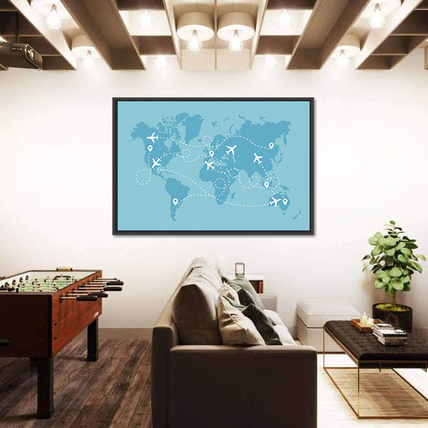 Airplane Travel Route On World Map Canvas Wall Art