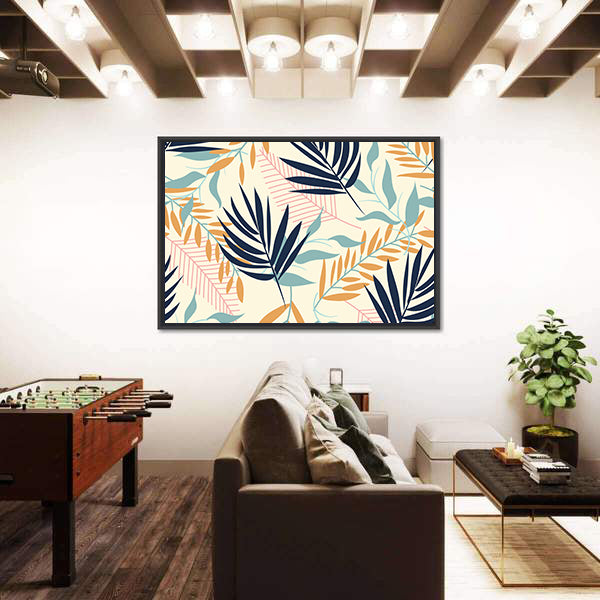 Tropical Leaves Pattern in Navy and Mustard Canvas Wall Art