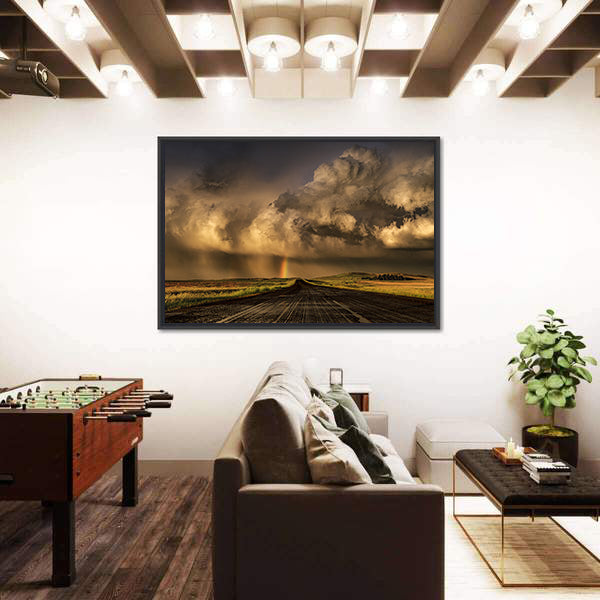 Travel Through South Dakota Border  Near Lemmon Town Canvas Wall Art in black, gray and orange, framed canvas shown in a room