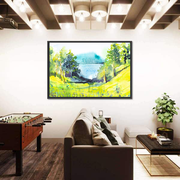 Watercolor Forest By Lake Canvas Wall Art