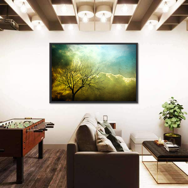Grunge Leafless Tree with Backlit Clouds Canvas Wall Art