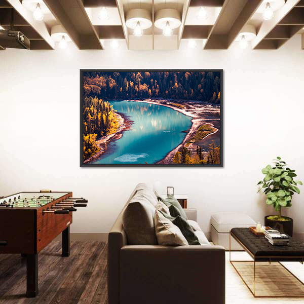 Xinjiang Kanas River In China Canvas Wall Art in green, turquoise and blue, framed canvas shown in a room
