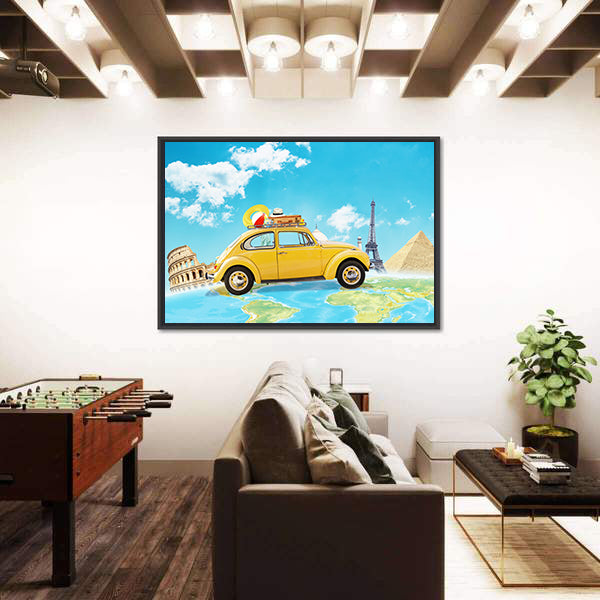 Yellow Vintage Car Over World Map Canvas Wall Art