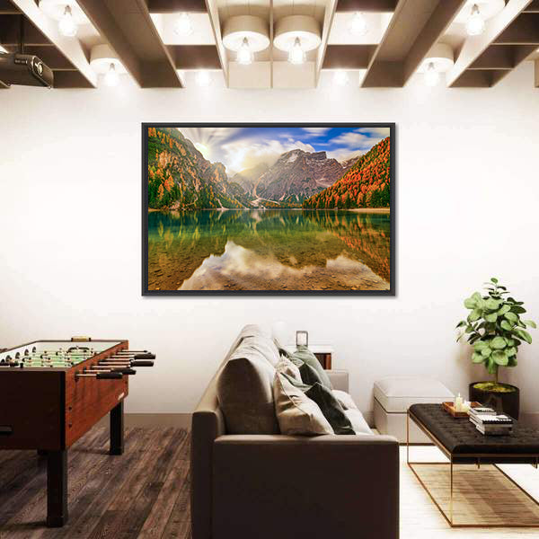 Autumn Reflection at Braies Lake Canvas Wall Art