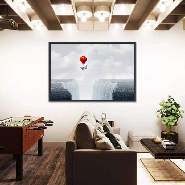 Red Balloon and Paper Boat Above Twin Waterfalls Canvas Wall Art