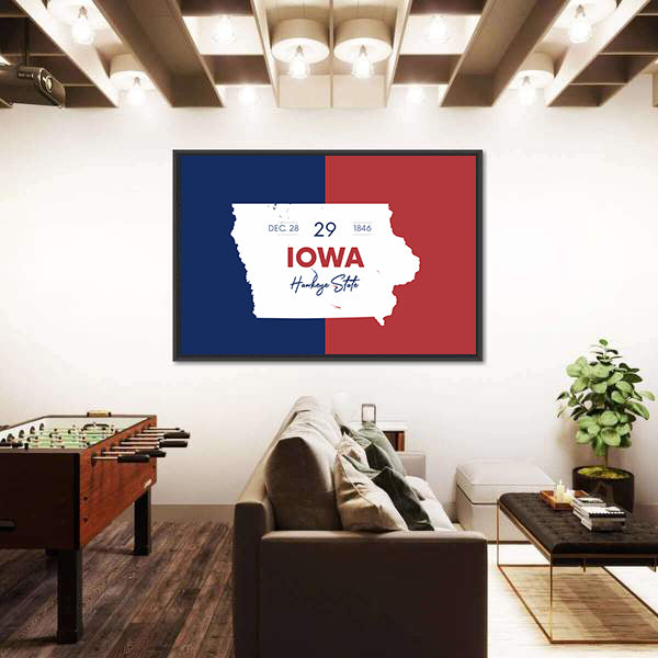 Iowa State Map with Hawkeye Script Canvas Wall Art