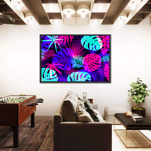 Neon Tropical Leaves Pattern Canvas Wall Art