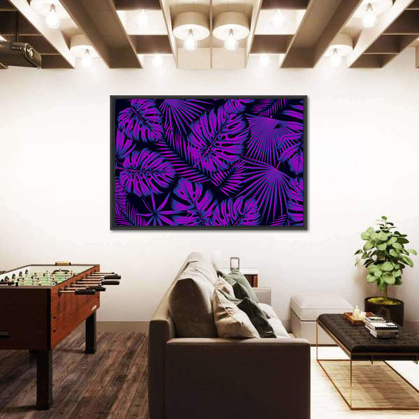 Neon-edged Tropical Leaves Pattern Canvas Wall Art