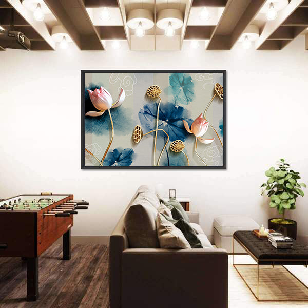 Lotus Garden Illustration with Gold Accents Canvas Wall Art