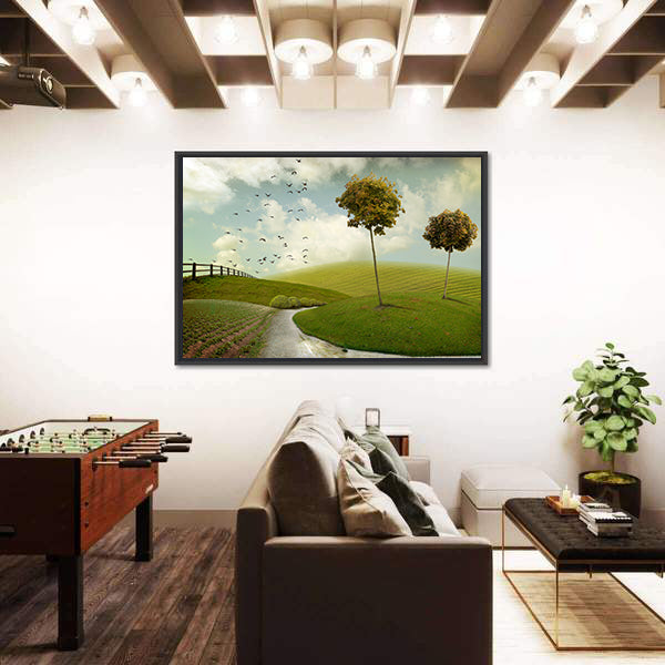 Winding Path Through Surreal Green Hills Canvas Wall Art