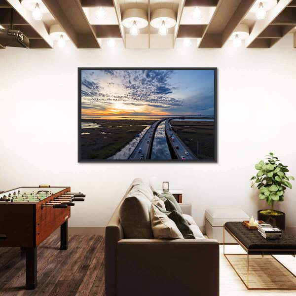 Sunset Over Highway Bridge Canvas Wall Art