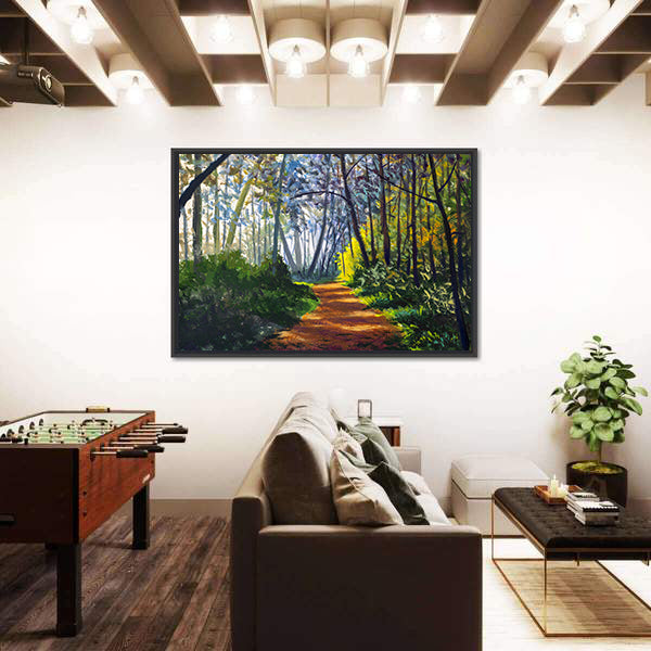 Sunlit Forest Path in Park Canvas Wall Art