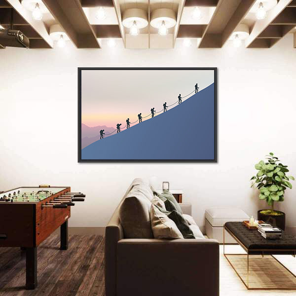 Roped Mountaineers on Slanted Blue Slope Canvas Wall Art