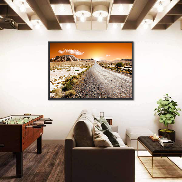 Sunset Desert Landscape With Road Canvas Wall Art