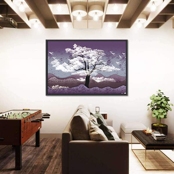 Cloud-leaf Tree Over Misty Lavender Hills Canvas Wall Art