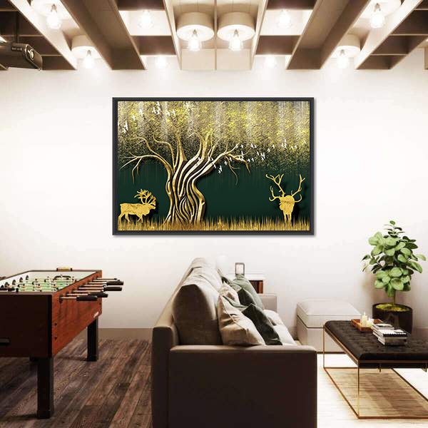 Abstract Golden Tree and Deer Silhouettes Canvas Wall Art