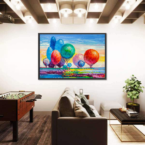 Colorful Autumn Meadow with Stylized Trees Canvas Wall Art