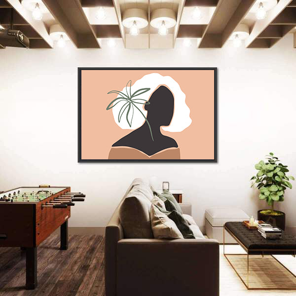 Pastel Terracotta Female Silhouette with Palm Leaf Canvas Wall Art