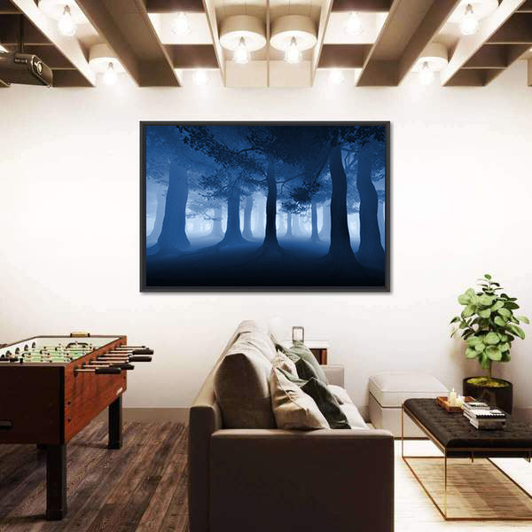 Dark Blue Forest With A Ray Of Light Canvas Wall Art