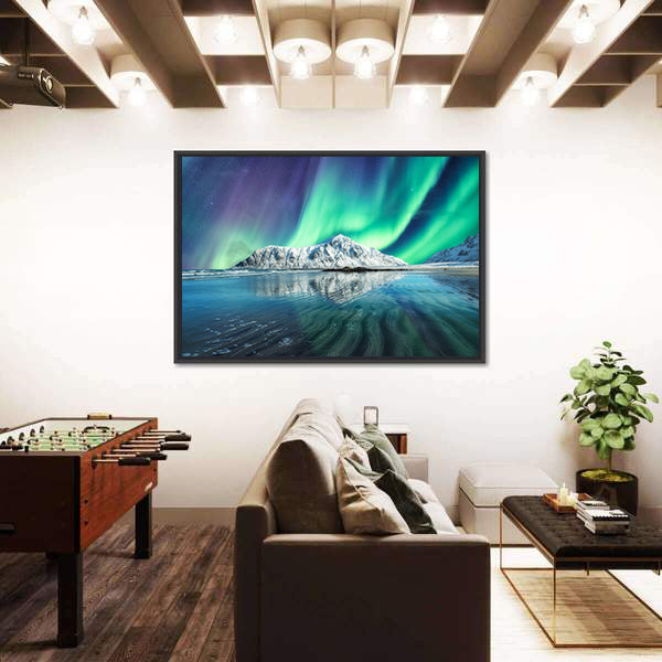 Northern Lights On Snowy Mountain In Lofoten Islands Canvas Wall Art