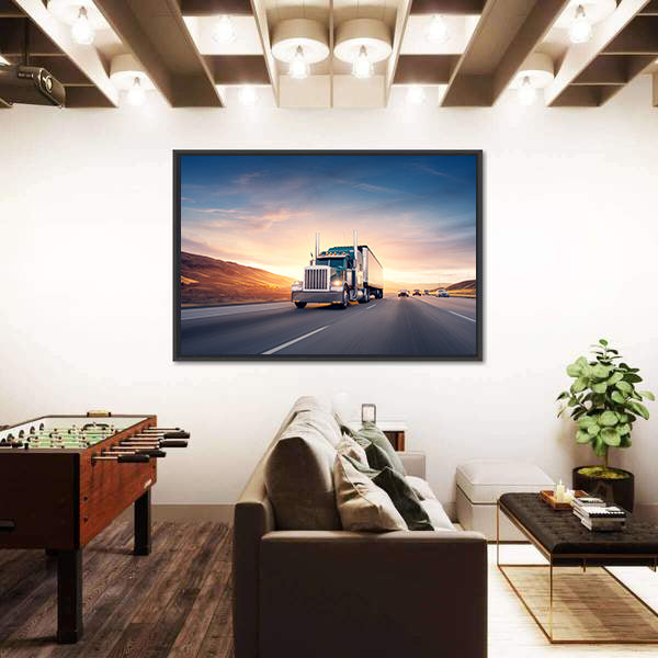 American Style Truck On Freeway Pulling Load Canvas Wall Art