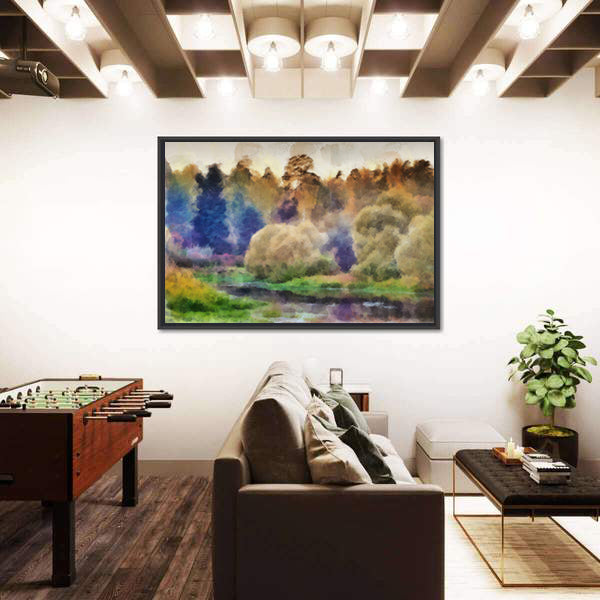 Autumn Watercolor Forest with River Canvas Wall Art