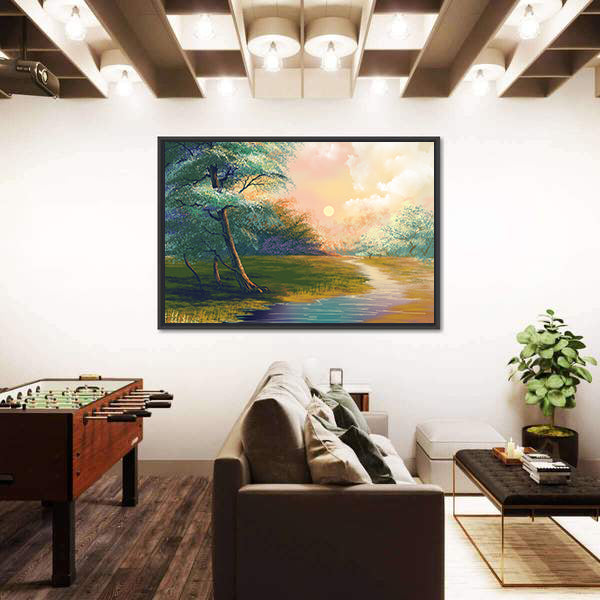 River In Spring Forest Sunset Canvas Wall Art