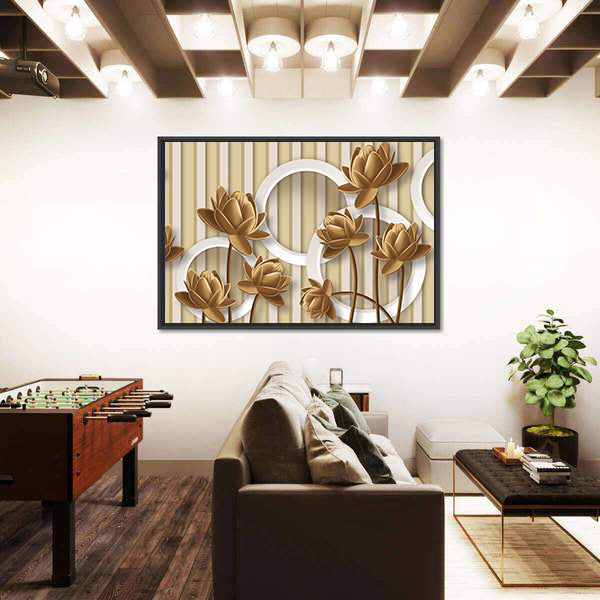 Golden Lotus with Interlocking White Rings Canvas Wall Art