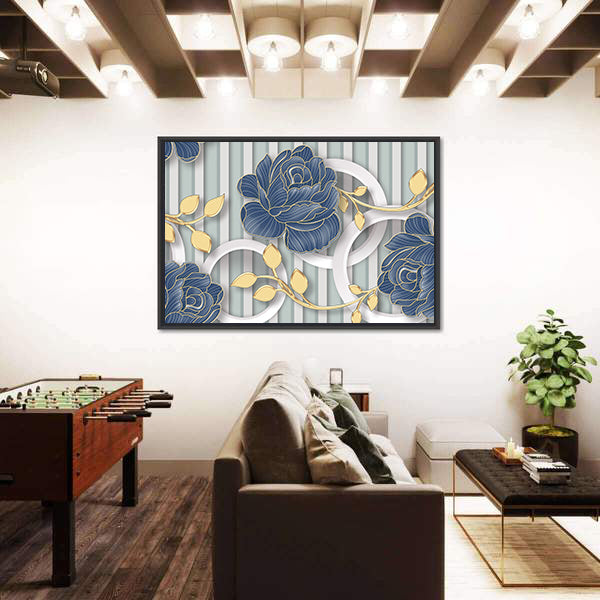 Abstract Blue Roses with Gold Leaves and Rings Canvas Wall Art