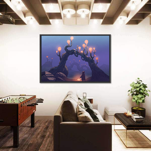 Surreal Jungle with Cloaked Figure Canvas Wall Art