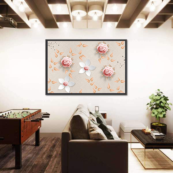 3d Stylized Pink Roses and White Flowers Canvas Wall Art