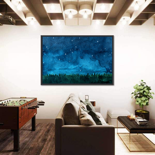 Grass Meadow With Night Sky Canvas Wall Art