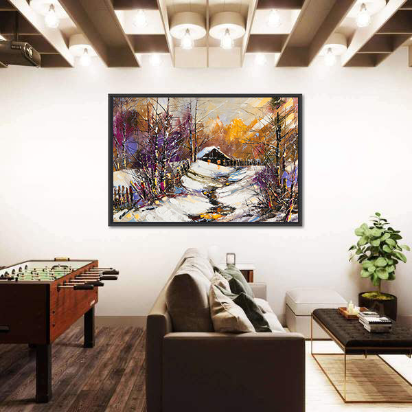 Rural Winter Landscape with Cabin Canvas Wall Art