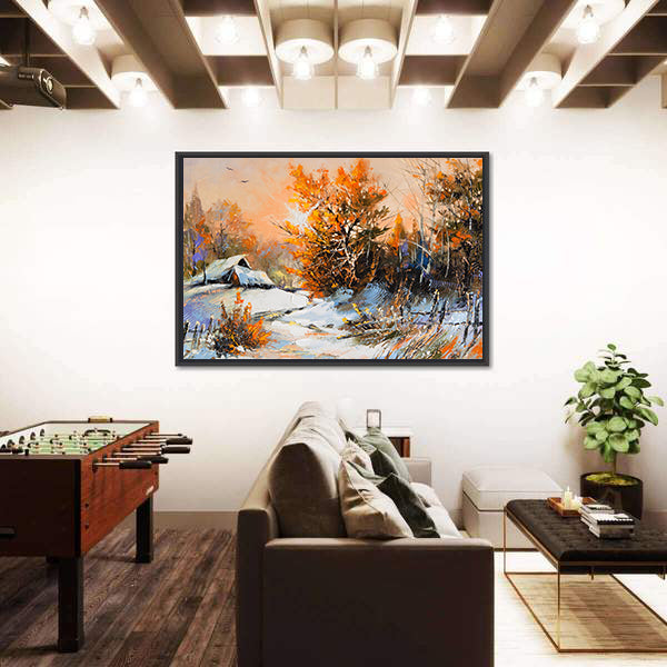 Snow-covered Cabin with Orange Foliage Canvas Wall Art