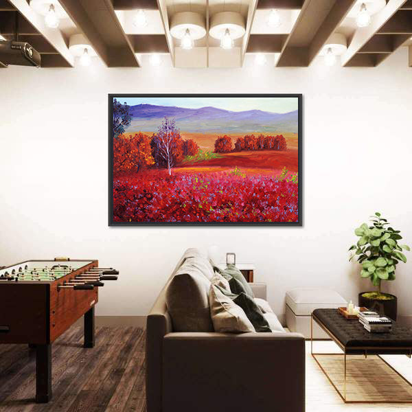 Red Flower Field with White Birch Canvas Wall Art