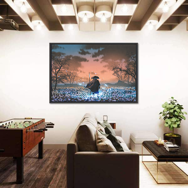 Ancient Samurai in Flowered Meadow Canvas Wall Art