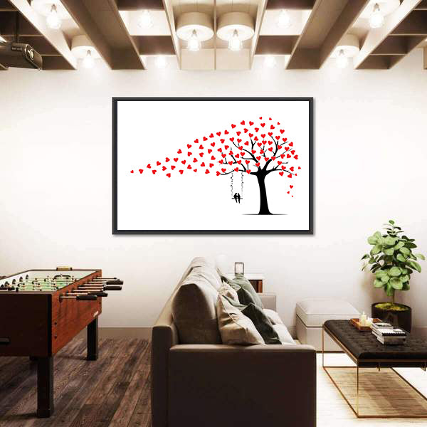 Tree with Heart Leaves and Couple on Swing Canvas Wall Art