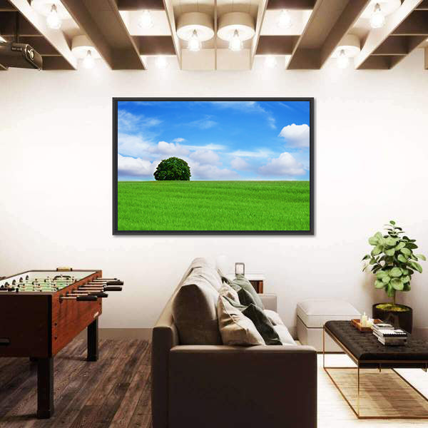 Lone Tree in Vibrant Green Field Canvas Wall Art