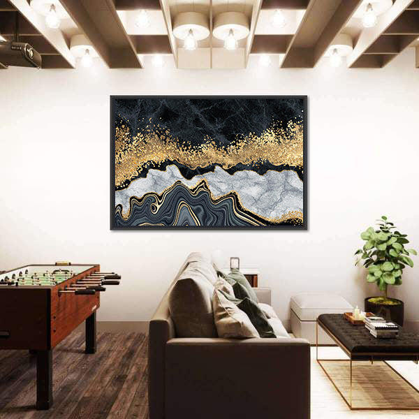 Gold-accented Black and White Marble Abstract Canvas Wall Art