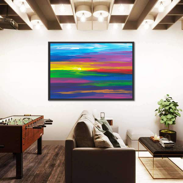 Abstract Sunset Landscape with Impasto Sun Canvas Wall Art