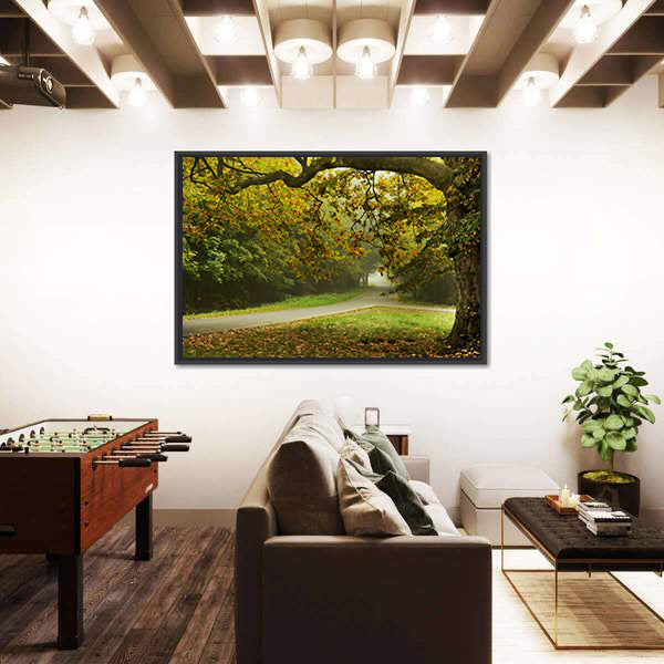 Misty Autumn Forked Path Canvas Wall Art